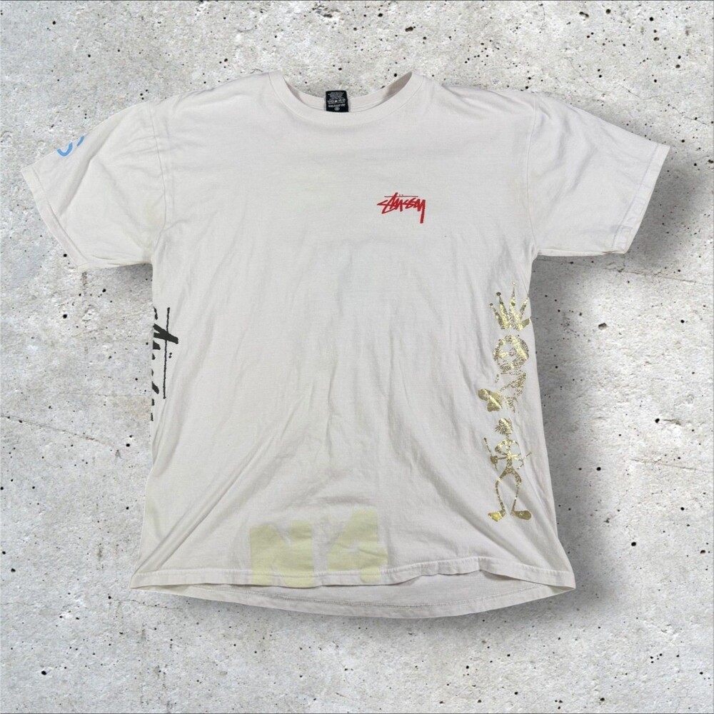 Stussy Multi Graphic Print Crown T Shirt Mens Large Cream White Skater Tee